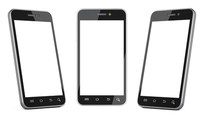 Black smartphone with blank screen left, right and front view. - obrazy, fototapety, plakaty