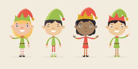 Cute Little Children Dressed as Santa Elves. Flat Design Style. 