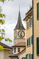 View of historic Zurich city center  on a cloudy day in summer, Canton of Zurich, Switzerland.