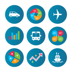 Transport icons. Car, Airplane, Bus and Ship.