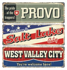 Vintage tin sign collection with USA cities. Salt Lake. Provo. West Valley City.Retro souvenirs or postcard templates on rust background.