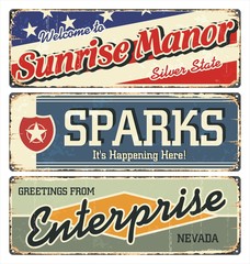 Vintage tin sign collection with USA cities. Sunrise. Sparks. Enterprise. Retro souvenirs or postcard templates on rust background.
