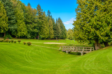 Golf course with gorgeous green and sand bunker