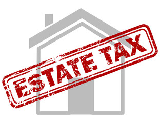Red estate tax rubber stamp on grey house or building icon
