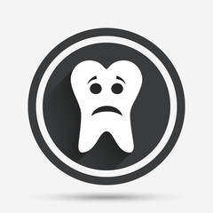 Tooth sad face sign icon. Aching tooth symbol.