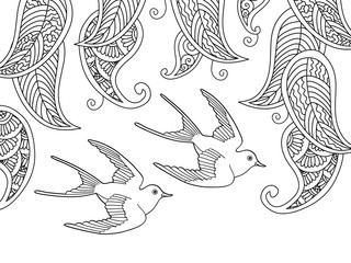 Coloring page with two birds and willow leafs