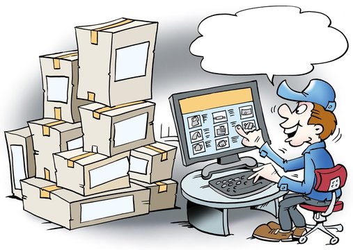 Cartoon illustration of a mechanic who order goods over the interneta