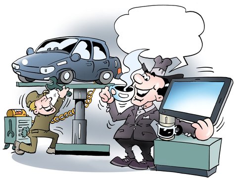 Cartoon illustration of a car owner there is very happy for a cup of morning coffee in the workshop