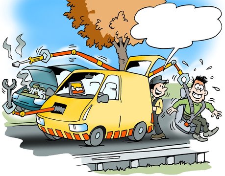 Cartoon illustration of a roadside assistance with a car that has many modern facilities