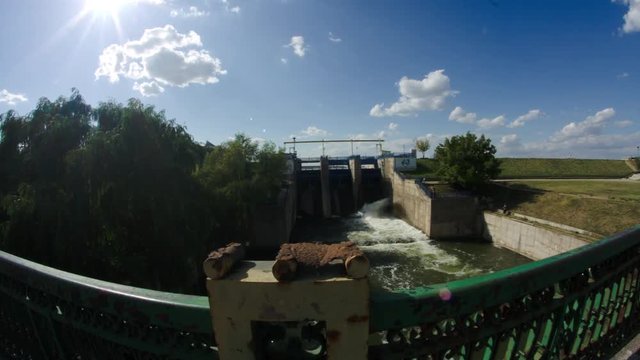 Little Dam In The Middle Of The City, Sunny Day, Summer, Pan, Fish Eye Lens