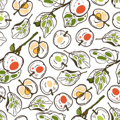 Seamless pattern with apples for the kitchen. Red, yellow and green apples on a branch. Fruit. Food. Hand drawn.