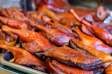 Peking duck roasted for sale in the most famous market in Chinatown district, Bangkok, Thailand. Traditional chinese cuisine.