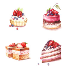 Set of different varieties of cakes. Hand draw watercolor illustration.