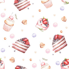 Seamless pattern with cakes. Hand draw watercolor illustration.