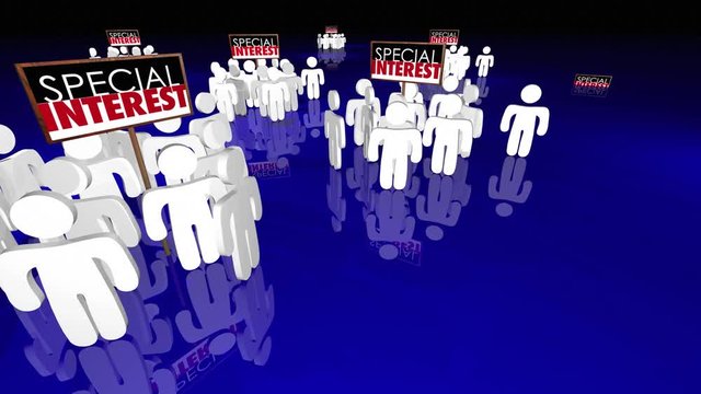 Special Interest Groups Signs People Lobbyists Politics Political Action Committees 3d Animation