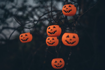 Halloween pumpkins hanging on tree decoration.
