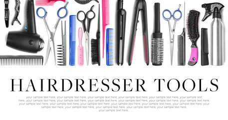 Different professional hairdresser equipment. Text HAIRDRESSER TOOLS on white background