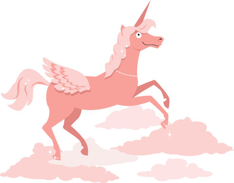 Cartoon pink unicorn running on the clouds, EPS 8 vector illustration, no transparencies 