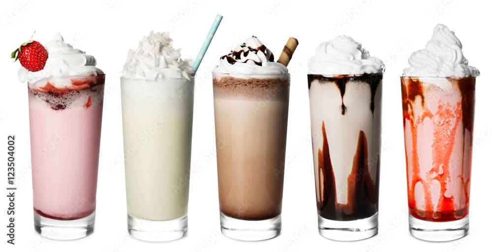 Sticker glasses with delicious milk shakes on white background.