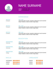 Resume template design with purple headings