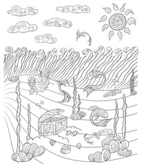 Hand drawn vector stock illustration of sea in doodle style for anti stress adult coloring book.