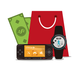 Videogame bill and bag icon. Payment shopping commerce and merket theme. Colorful design. Vector illustration