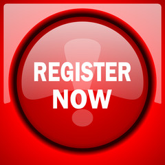 register now red icon plastic glossy button