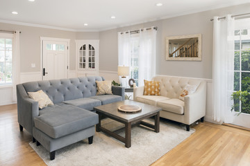 Beautiful and living room interior with hardwood floors and vaul
