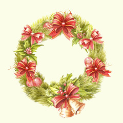 Christmas wreath,bells , decoration. Hand draw watercolor illustration