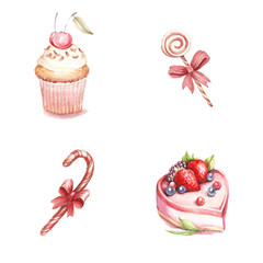 Set of different varieties of cakes and candies. Watercolor illustration.