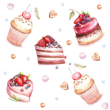Set of different varieties of cakes. Hand draw watercolor illustration.