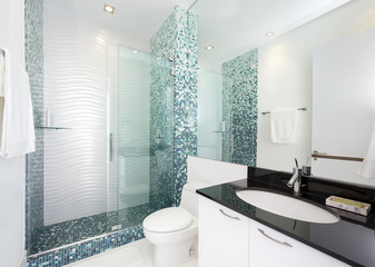 Blue bathroom with black oval counter-top and mosaic
