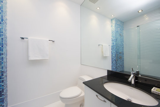 Blue bathroom with black oval counter-top and mosaic