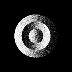White abstract geometric shape, circle badge with film grain, noise, dotwork, grunge texture and black background for logo, design concepts, posters, banners, web, prints. Vector illustration.