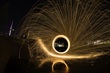 Steel wool light painting at a skate park ramp