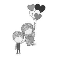 monochrome silhouette man holding girl floating with heart-shaped balloons vector illustration