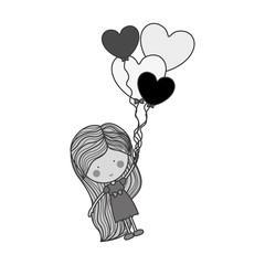 silhouette girl dragged by heart-shaped balloons vector illustration