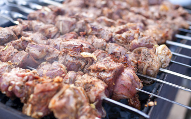 Shashlyk Meat on Metal Skewers Placed Together. Closeup Shot.