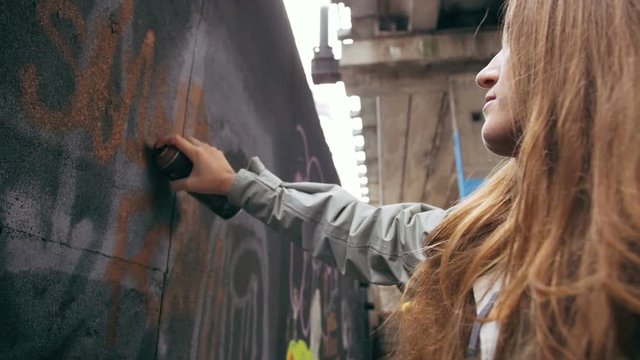 Young attractive female painting graffiti on the wall