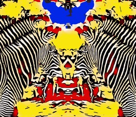 drawing and painting zebras with red yellow and blue background