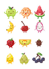 Set of pixel fruit characters ; vector illustration