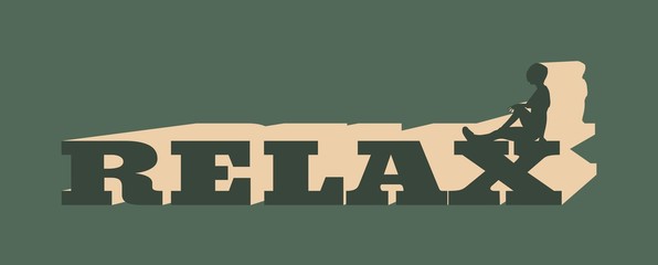 woman silhouette on relax word. sporty girl sit on letter