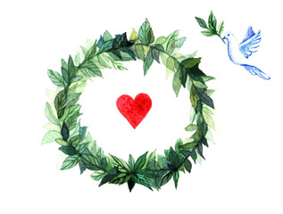 Watercolor wreath circle frame of spices with the green floral branches isolated on white background.