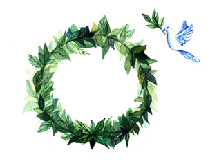 Fototapeta premium Watercolor wreath circle frame of spices with the green floral branches isolated on white background.