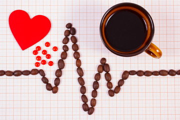 Cardiogram line of coffee grains, cup of coffee and supplement pills, medicine and healthcare concept