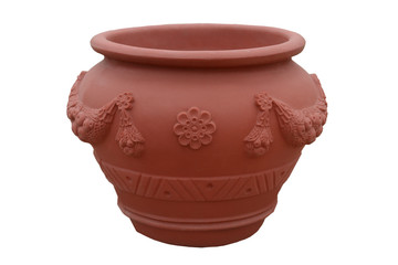 Big orange plastic flower pot isolated on white background. Flower pot with ornament..