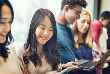 Group People Reading Laptop Togetherness Concept