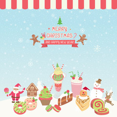 Sweet dessert and beverage ornament display on  snow background.Illustration vector for merry christmas and happy new year poster on pastel colors.