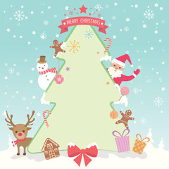 Merry christmas and happy new year background with christmas tree, santa claus, snowman, reindeer and  ornament  for party on pastel colors.Illustration vector blank for text.