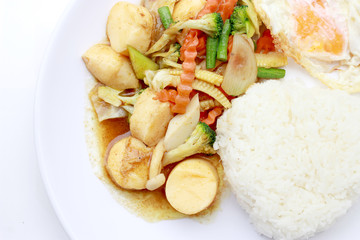 Stir Fried Tofu in Chinese Style,Deep Fried Tofu with Gravy Sauce ,Stir fried tofu with mixed vegetables in white plate on white background. Vegetarian Food, healthy food.
